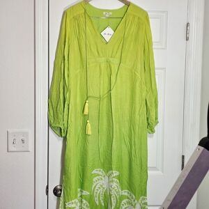 Be Boho Vibrant Lime Green Palm Tree Long Sleeve Dress Small